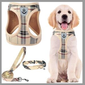 Plaid Dog PUPPY Harness Set - Cream and Tan XXS
